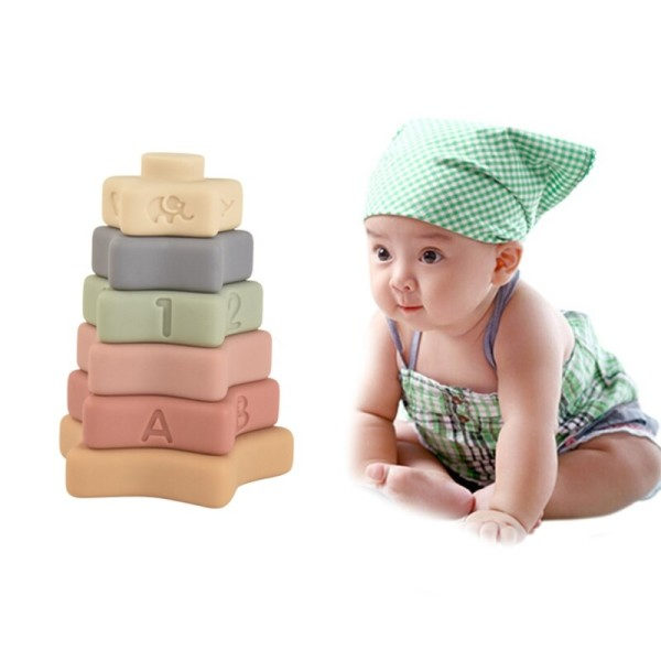 6st set färgglad stapling torn barn baby leksaker montessori mjuk silikon häckande block med djur digitalt mönster tidigt lär leksak