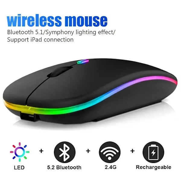 Trådløs Mus RGB Oppladbar Bluetooth Mus