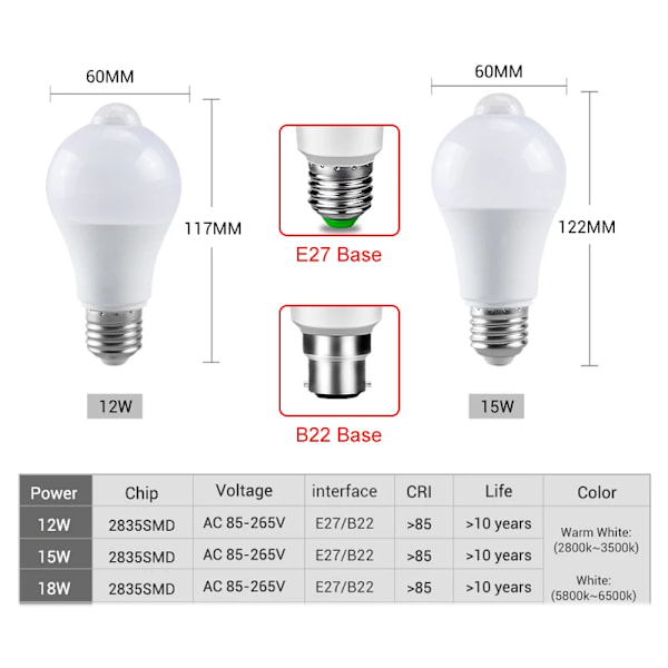 85-265V E27 PIR liike anturi lamppu 12W 15W 18W LED polttimo liiketunnistimella