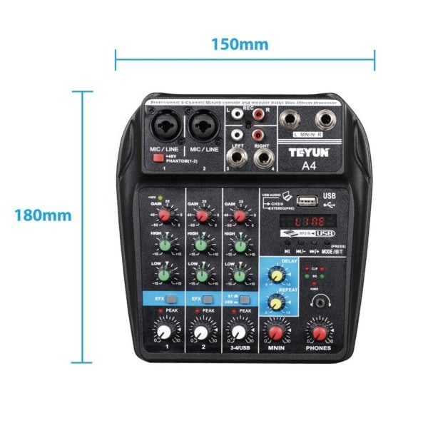 A4 Lyd Mixing Konsol Bluetooth USB Record Computer 48V Phantom Power Delay Repaeat Effect 4 Channels USB Audio Mixer