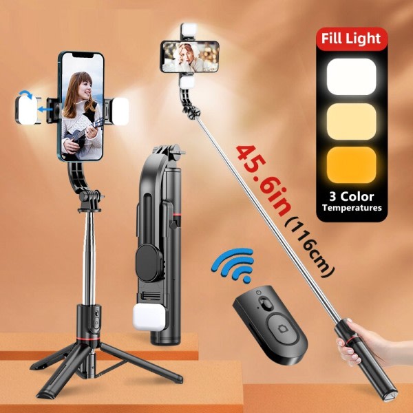 Bluetooth Selfie Stick Double Fill Light Stativ med Fjernkontroll Lukker