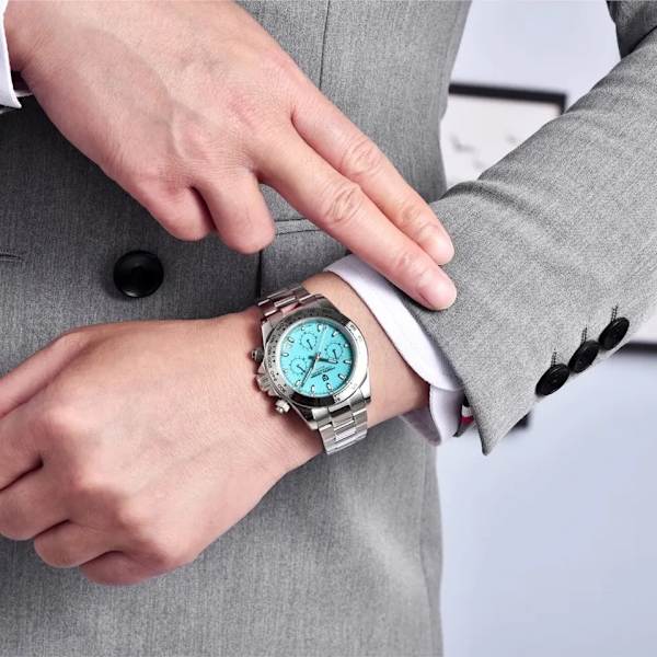 Rustfrit stål Bezel Mænd Quartz Armbåndsure Luksus Safir Glas Kronograf Ur