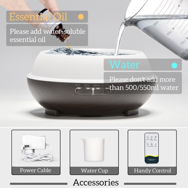 500ML aromaterapi essensiell olje diffuser tre korn fjernkontroll ultralyd luft luftfukter