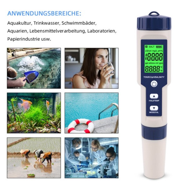 5 in 1 TDS/EC/PH/Salinity/Temperature Meter Digital Water Quality Monitor Tester for Pools, Dricking Water, Akvarier