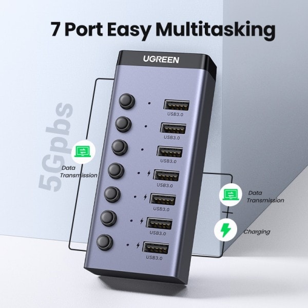 USB C Hub 5Gbps 7 Porter USB3.0 Splitter med Individual OFF/ON Switch LED Indicator  for PC Baptop MacBook Pro/Air