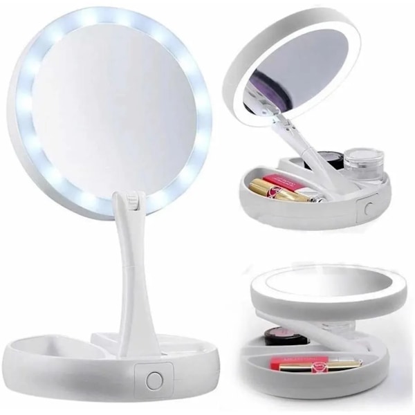 Makeup Mirror Dobbelt Sidet Led Light FH-803 Foldbar Roterer 10x Forstørrelse Organizer