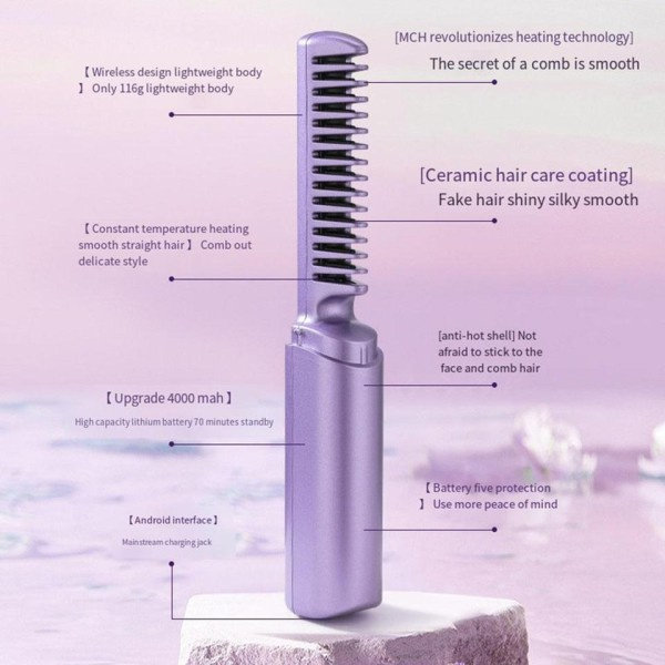 Wireless Professional Hår Rightener Curler Comb Rask Opvarming Negative Ion Rightening Curling Brush