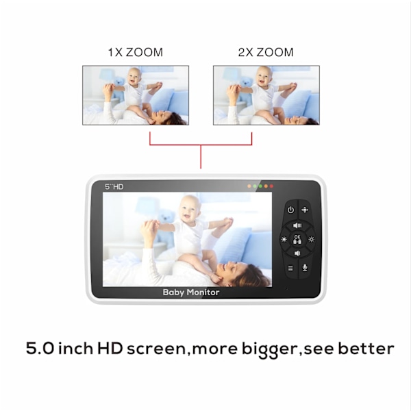 5 tommers video babymonitor med kamera og lyd 4X zoom 22 timer batteri 1000 fot rekkevidde 2-veis lyd temperatur sensor