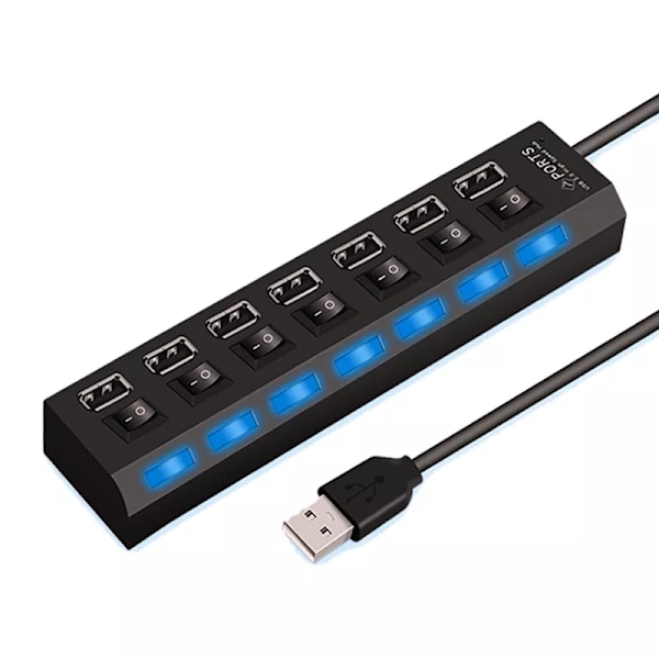 Høy hastighet 7 porter USB HUB 2.0 Adapter Expander Multi USB Splitter Multiple Extender med LED Lampe