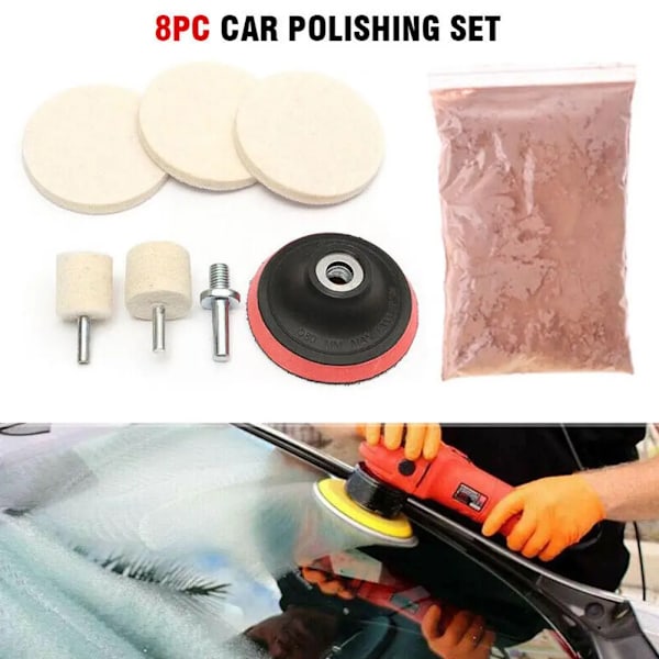 8 deler 4 OZ Cerium Oxide Pulver Klokke Glass Skjerm Windows Polering Kit Rengjøring Ripe Fjerning Polering Backing Pad