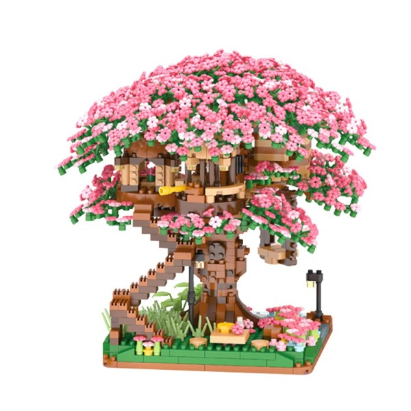 Med lys Mini Sakura Tre Hus Dekorativt Buildiang Blokker By Gate Utsikt Kirsebær Blossom Klosser Gjør-det-selv-leker