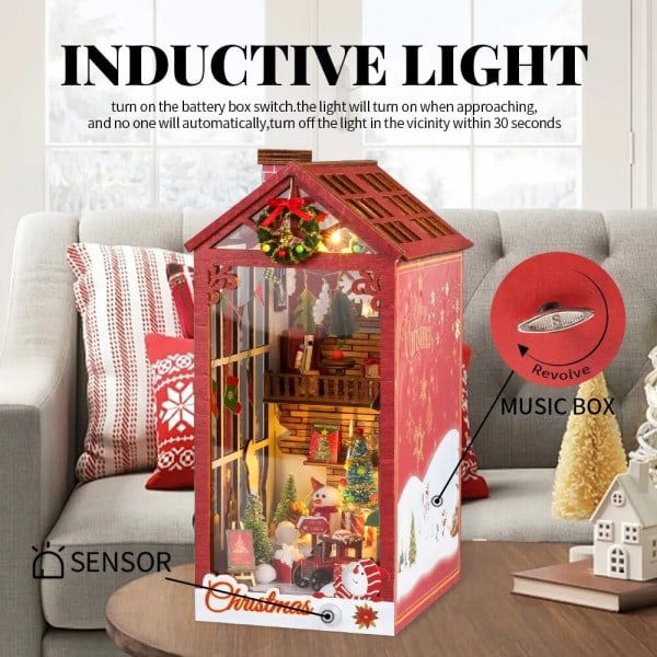 Jul Dukkehus Kit 3D Træ Puslespil Med Sensor Lys Støv cover Booknook Bogreol