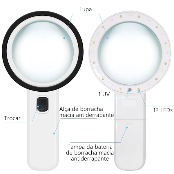 30X Håndholdt Lup 12 LED Oplyst Forstørrelsesglas med Lys