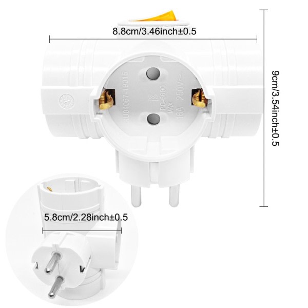 1 TO 3 Way EU Standard Strøm Adapter Socket 16A Rejse stik