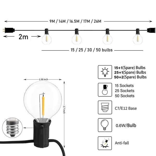 Festoon LED Globe String Light Fairy LED G40 Utendørs Til Jule Fest Hage Dekorativ Garland Lampe