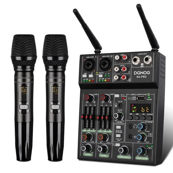 4 Kanals Ljud Mixer med Trådlös Mikrofon USB Ljud Bord Bluetooth Konsol DJ Mixing
