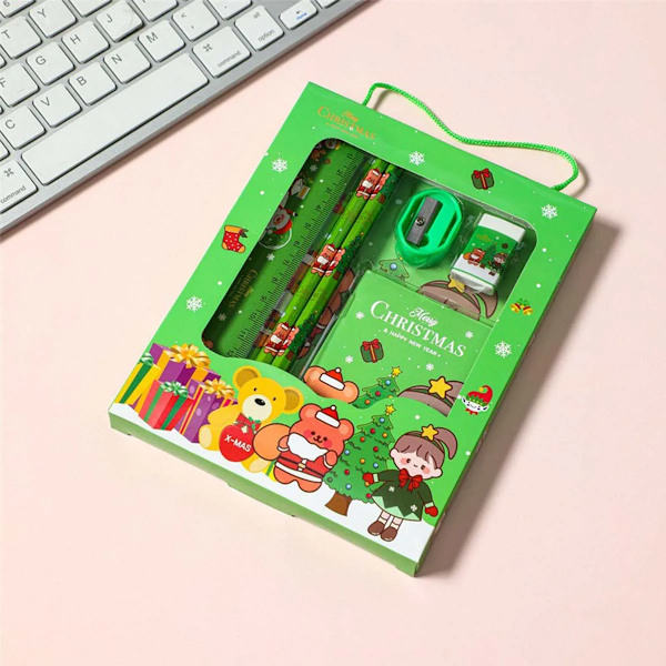 Jul Skrivpapper Set Barn Tecknade Blyerts Suddgummi Linjal Memo Byddar Blyert Kniv Set