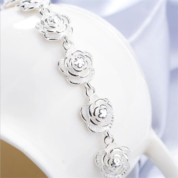 Berlock 925 Sterling Silver Ros Blomma Kedja Armband För Kvinnor Mode Pretty Fest bröllop tillbehör