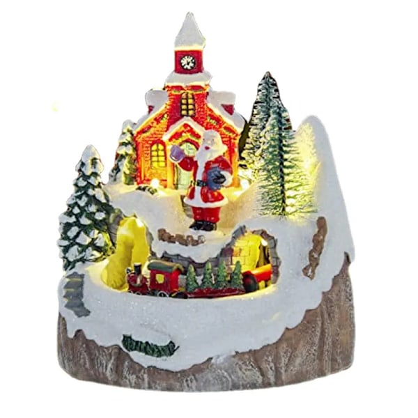 Rød jul landsby kirke hus fest scene flytting tog og nissen med led lys, musikk til jul pynt
