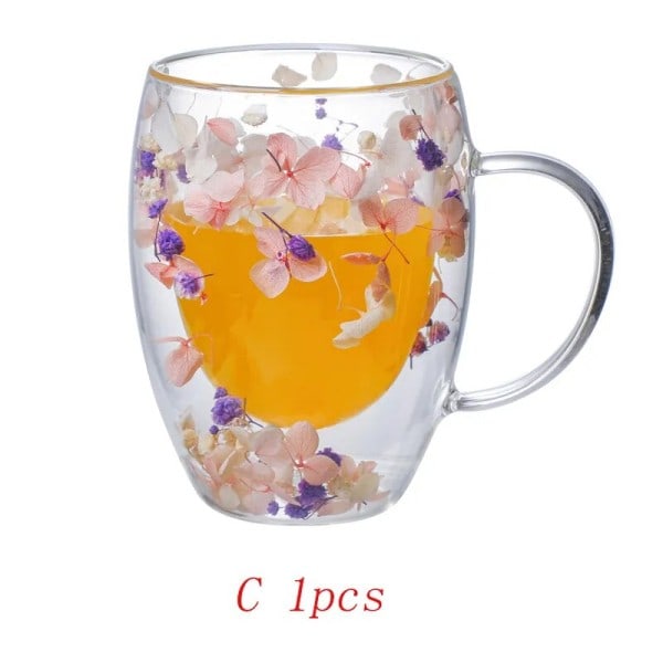 Creative Dubbel Vägg Kaffe Mugg Riktig Torkad Blomma Filler Glas Muggar Jul presenter