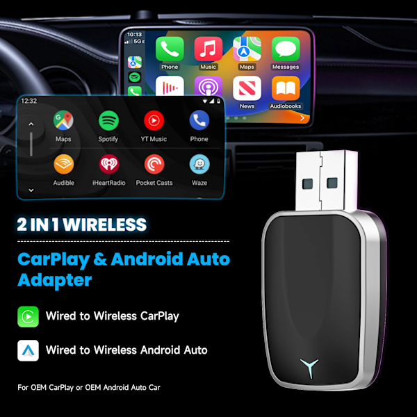 2-i-1 Wired to Wireless CarPlay Adapter & Android Auto Wireless Adapter Plug & Play