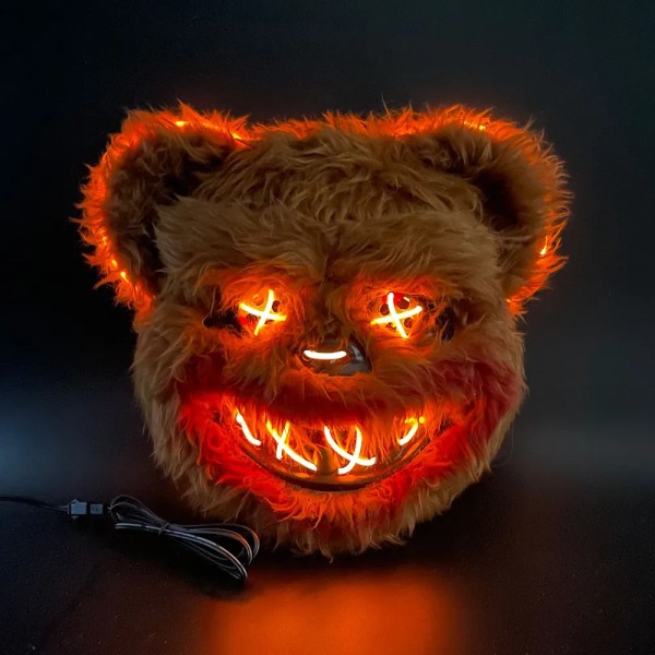 Skrekk Blodig Kanin Bear Maske Halloween LED Luminous Animal Simulation Pels Maske Cosplay