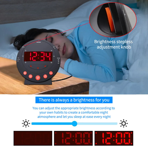 Högt vibrerande alarm klocka med säng shaker blixt ljus ljusstyrka justerbar snooze dubbel alarm inställning