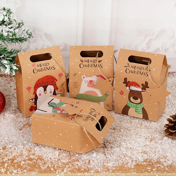 6 stykker Glædelig Jul Slik Gave Æske med Tag Kraft Papir Småkager Gave Pakke poser
