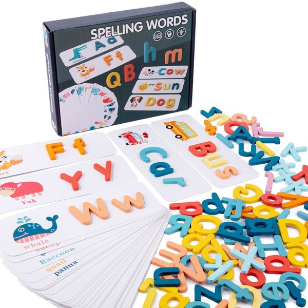 Hot Wooden Stavning Ord Pussel Spel Barn Montessori Pedagogiska Leksaker Engelska Alfabet Lärande Skrivfärdigheter med 27st kort