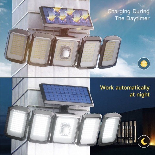 5 Hoveder Solar 300 LED Lys Udendørs Bevægelse Sensor Vandtæt Vidvinkel Belysning Væg Lampe