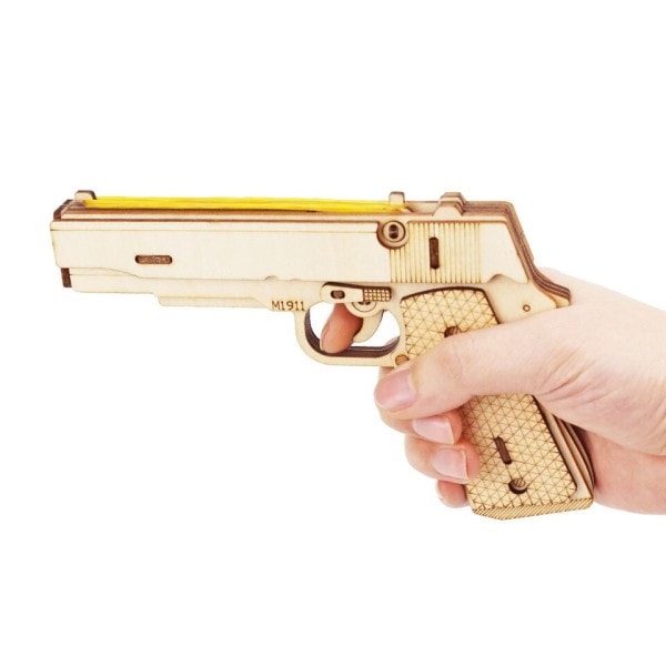 Gummi bånd pistol 3D tre mekanisk håndvåpen modell sett montering bygg puslespill