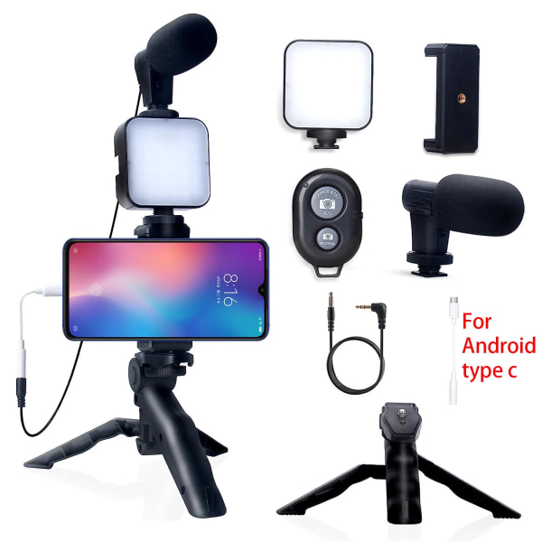 Smartphone Vlogging Kit för iPhone Android med Stativ Mini Mikrofon Starter Vlogg kit