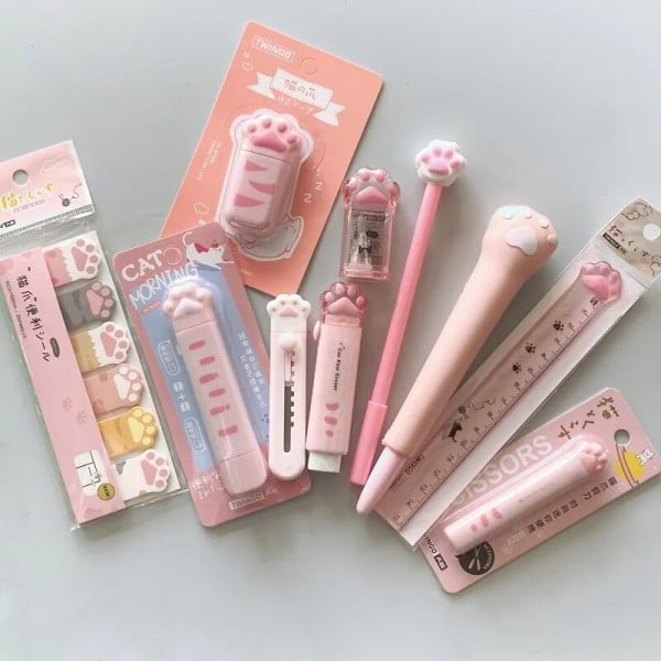 Barn Flicka Rosa Katt Paw Skrivpapper Set Gel Penna Korrektion Tejp Memo kuddar Radergummi Kniv Set