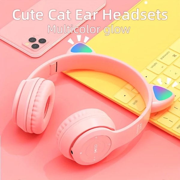Søt Katt Øre Bluetooth Kompatibelt Headset med LED Trådløst Headset Barn Jenter Stereo Folding Sports Headset med Mikrofon