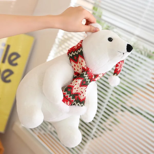 Kawaii Hvid Polar bjørn Med tørklæde Julefest Dekor Plys Legetøj Nødt Blødt Udstoppet dyr