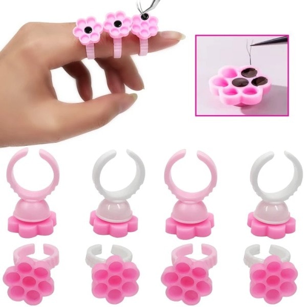100 stykker Gjør det selv Øyenvippe forlengelse vifter blomstrende kopp lim holder ring blomst form pigment brett