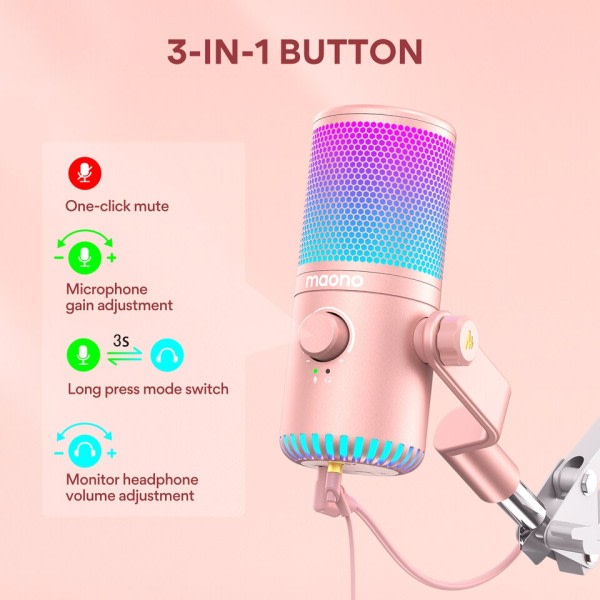 RGB peli mikrofoni USB mikrofoni kondensaattori mikrofoni vaaleanpunainen mikrofoni mikrofonin vahvistuksen ja RGB valo podcasteihin