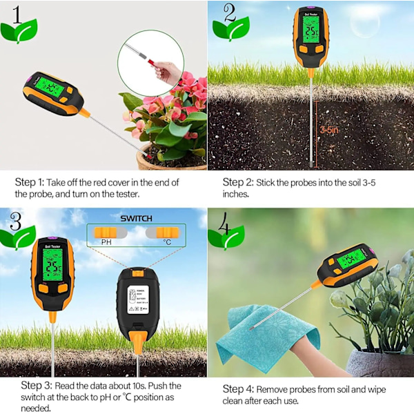 4 i 1 Jord Fugt Meter Digital Plante Temperatur Jord Fugtighed PH Meter Sollys Intensitet Miljø Fugtighed