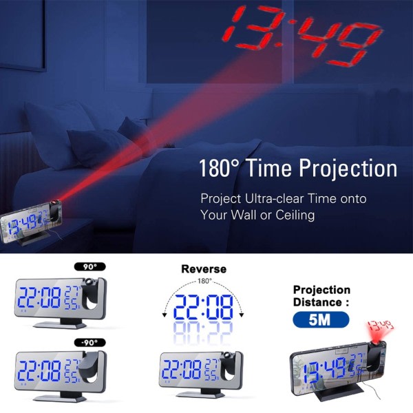 LED Digital Projeksjon Alarm Klokke Bord Elektronisk Alarm Klokke med Projeksjon FM Radio Tid Projektor