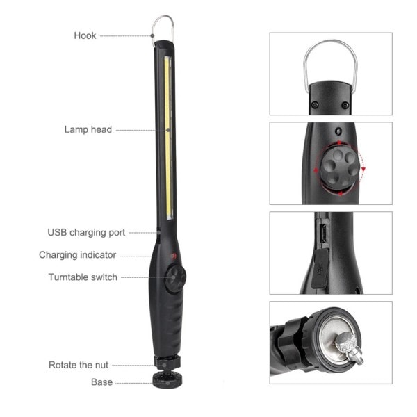 LED Work Light USB Rechargeable COB Work Light Portable Magnetic Tradless Inspection Light