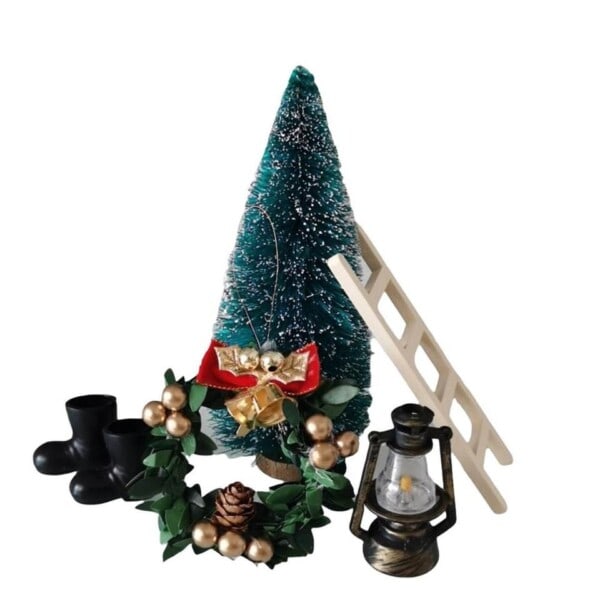 Mini Elf Set Jul Trä Miniatyr Dockhus Dekoration Tillbehör Paket 5 trappor träd