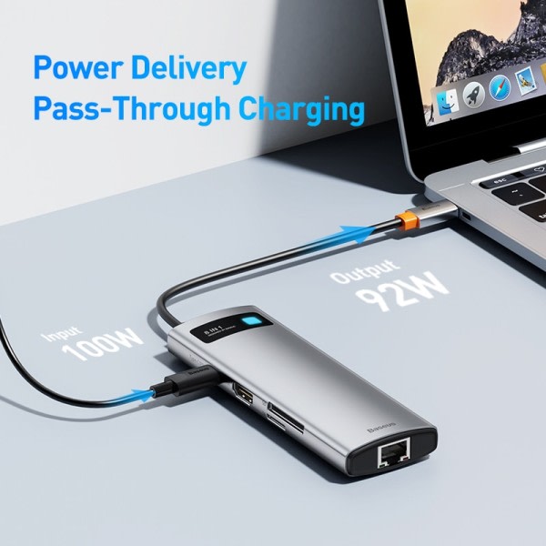 USB C keskitin 4K@30Hz USB C HDMI-yhteensopiva 8-in-1 USB Hub RJ45 PD 100W sovitin