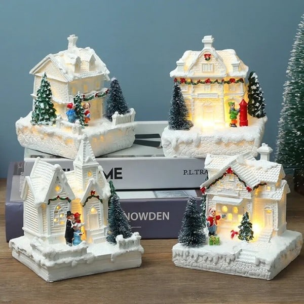 Jul Landsby Hvid Lækkert Hus  Bygning Ferie Dekorationer Harpiks Jule Træ Ornament