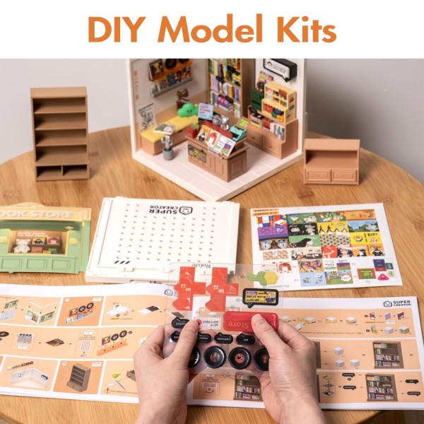Plast Hus Bygning Sæt Mini Dukke Hus Fascinerende Bog Butik Gør det selv Miniature Hus Kit med LED lys