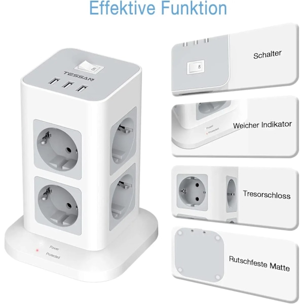 Tower Power Strip Multi Uttag med USB, 2M Förlängningskabel EU kontakt Vertikal Elektrisk Socket Överspänningsskydd för hem