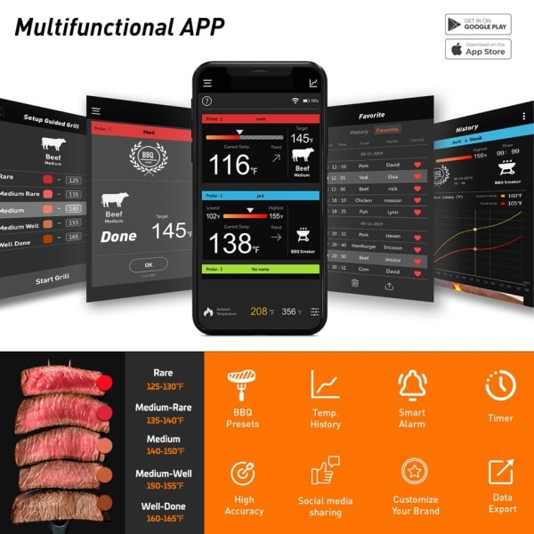 Mat Matlagning Bluetooth Trådlös BBQ Fjärrkontroll Termometer Sonder Smart Digital Bluetooth Grill Termometer