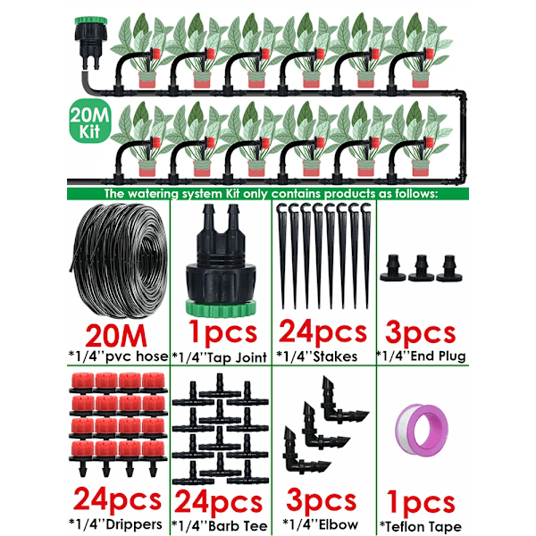 20 Meter och 24 Trädgård Dropp Bevattning Automatisk Vattning System Kit 1/4'' Munstycken för Bonsai kruka Växt Gräsmat Blomma Grönsak Växthus