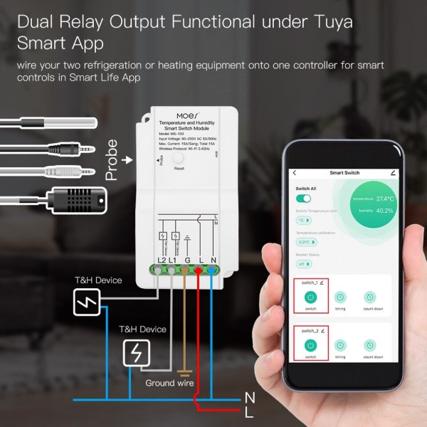 WiFi smart temperatur fuktighet omkopplare modul sensor dubbel relä utgång smart liv app trådlös kontroll