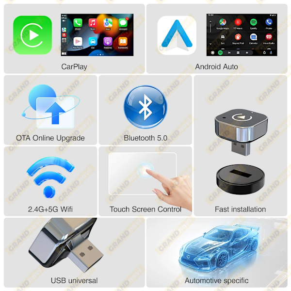 2i1 Kablet til Trådløs CarPlay Android Auto Adapter