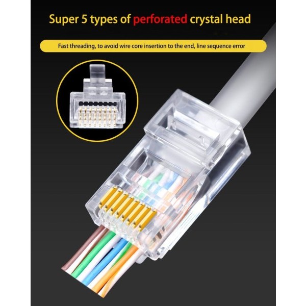 50 pc'er RJ45 stik Cat6 stik netværk uskærmet RJ45 perforeret krystal hoved netværk kabel